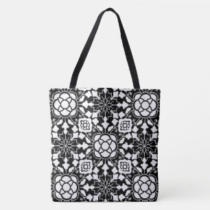 Floral Moroccan Tile, Black and White Tote Bag