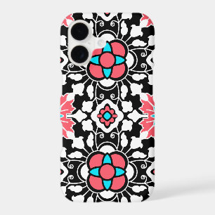 Floral Moroccan Tile, Black, White and Coral Pink