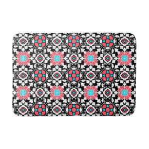 Floral Moroccan Tile,  Black, White and Coral Pink Bath Mat