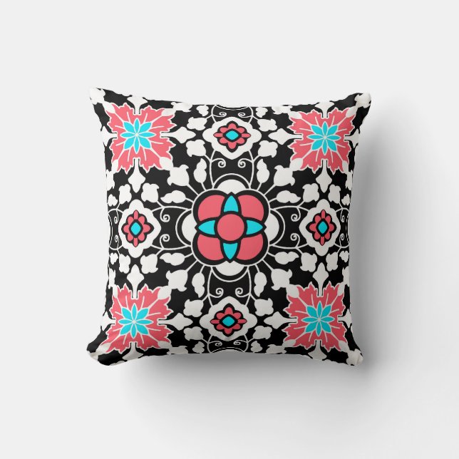 Floral Moroccan Tile, Black, White and Coral Pink Cushion (Front)