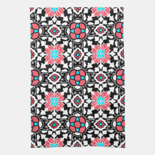 Floral Moroccan Tile, Black, White and Coral Pink Tea Towel