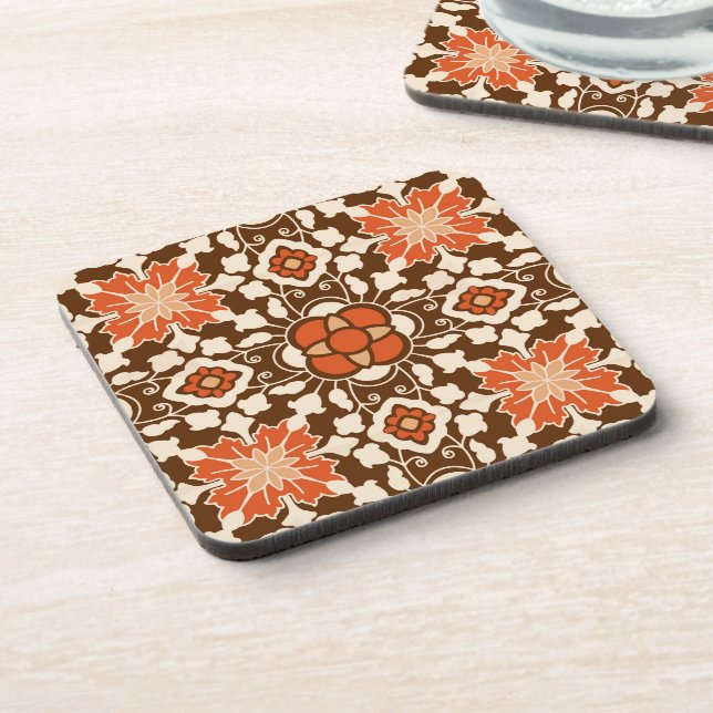 Floral Moroccan Tile, Brown, Rust and Beige  Coaster (Left Side)