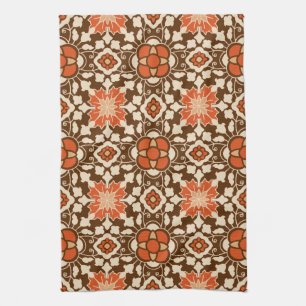 Floral Moroccan Tile, Brown, Rust and Beige Tea Towel