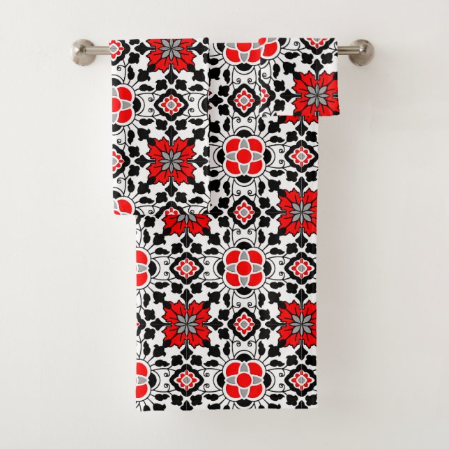 Floral Moroccan Tile, Deep Red, Black  and White Bath Towel Set (Insitu)