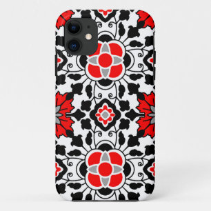 Floral Moroccan Tile, Deep Red, Black and White iPhone 11 Case