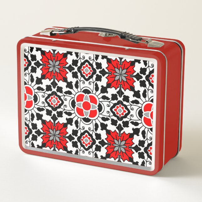 Floral Moroccan Tile, Deep Red, Black  and White Metal Lunch Box (Back)
