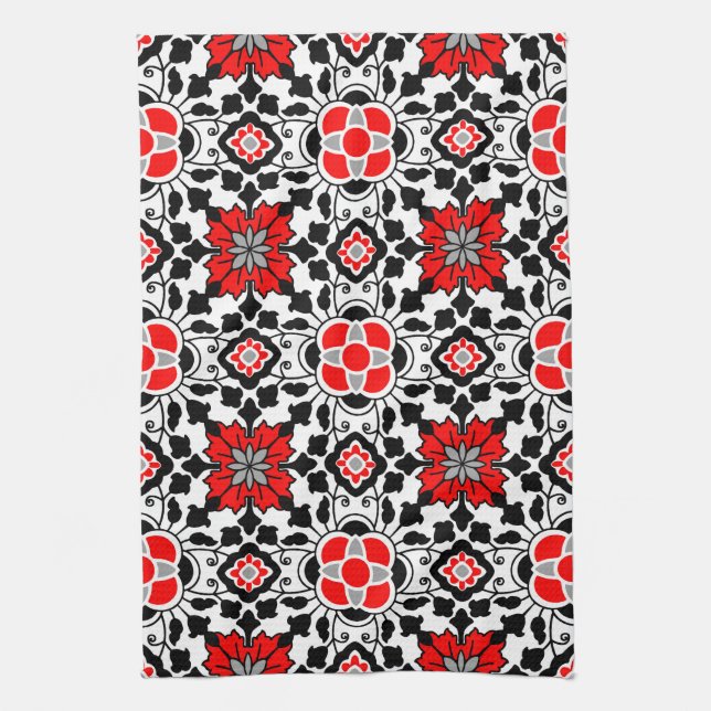 Floral Moroccan Tile, Deep Red, Black  and White Tea Towel (Vertical)