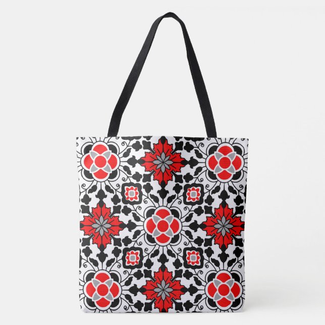 Floral Moroccan Tile, Deep Red, Black  and White Tote Bag (Front)