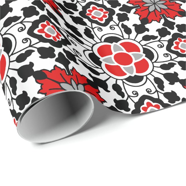 Floral Moroccan Tile, Deep Red, Black  and White Wrapping Paper (Roll Corner)
