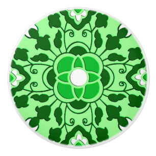Floral Moroccan Tile, Emerald and Lime Green  Ceramic Knob