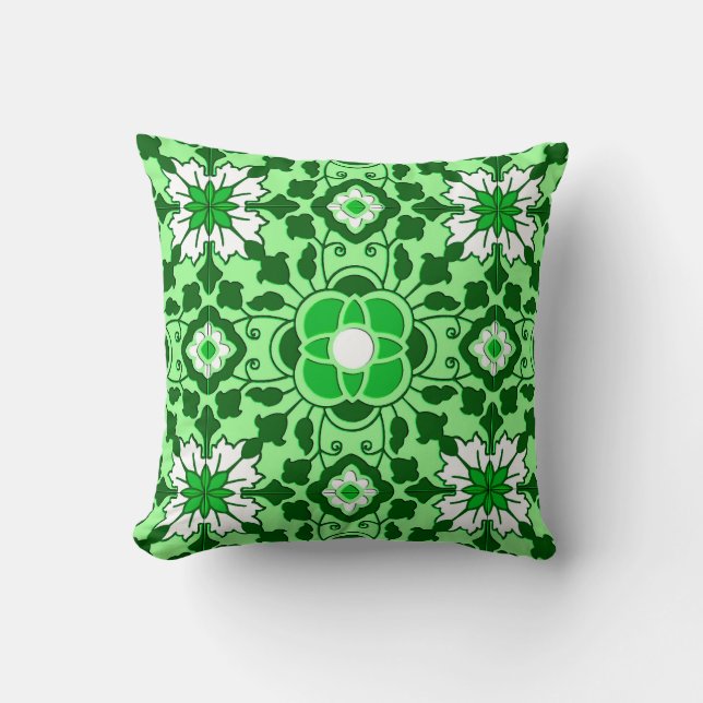 Floral Moroccan Tile, Emerald and Lime Green Cushion (Front)
