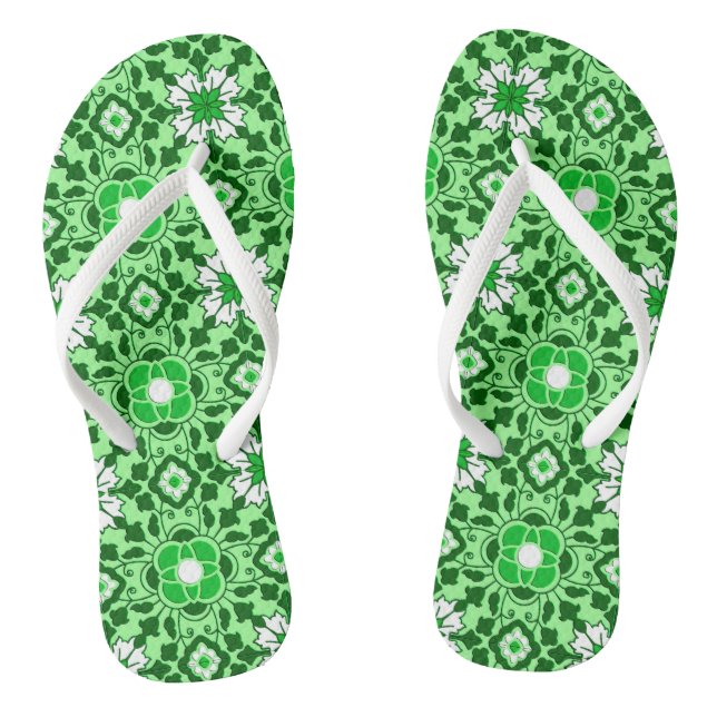 Floral Moroccan Tile, Emerald and Lime Green Jandals (Footbed)