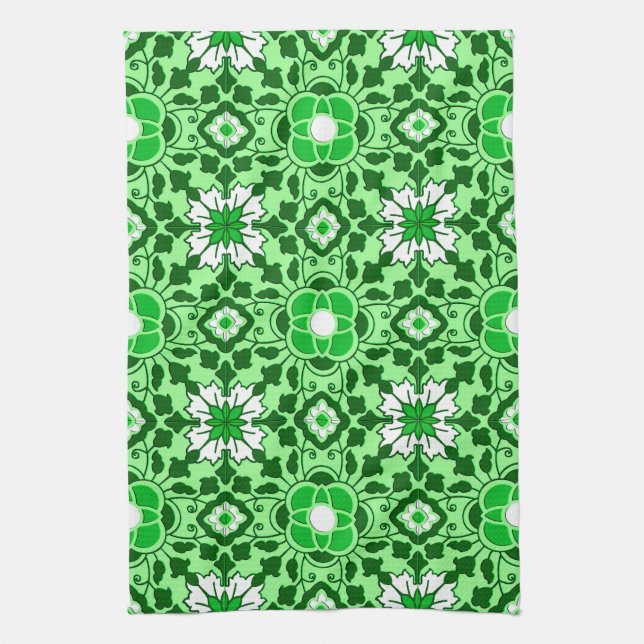Floral Moroccan Tile, Emerald and Lime Green Tea Towel (Vertical)