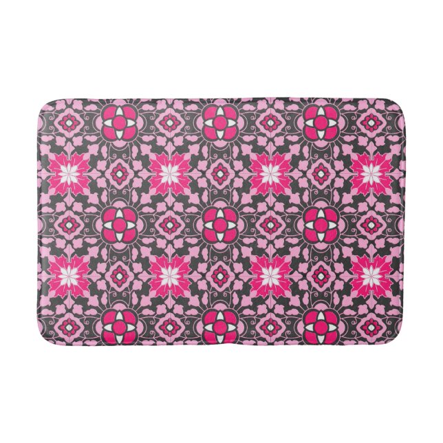 Floral Moroccan Tile, Fuchsia Pink & Grey / Grey Bath Mat (Front)