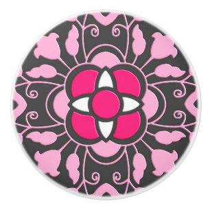 Floral Moroccan Tile, Fuchsia Pink & Grey / Grey Ceramic Knob