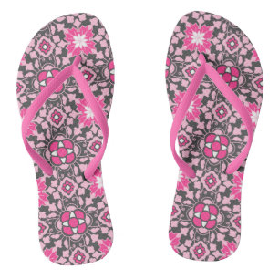 Floral Moroccan Tile, Fuchsia Pink & Grey / Grey Jandals