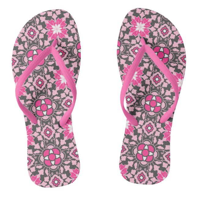 Floral Moroccan Tile, Fuchsia Pink & Grey / Grey Jandals (Footbed)