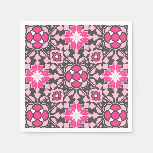 Floral Moroccan Tile, Fuchsia Pink & Grey / Grey Napkin (Front)