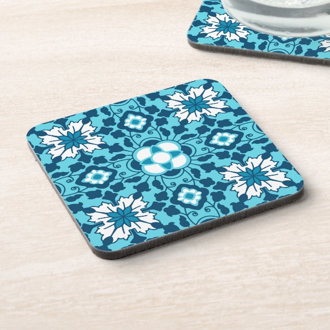Floral Moroccan Tile, Indigo, Sky Blue and White Coaster (Left Side)