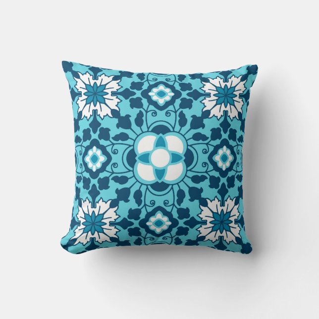 Floral Moroccan Tile, Indigo, Sky Blue and White Cushion (Front)