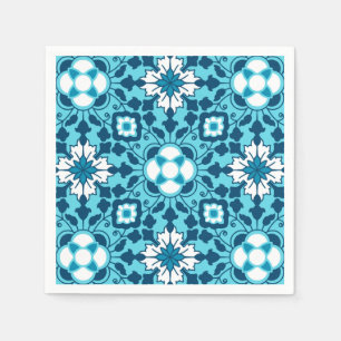 Floral Moroccan Tile, Indigo, Sky Blue and White Napkin