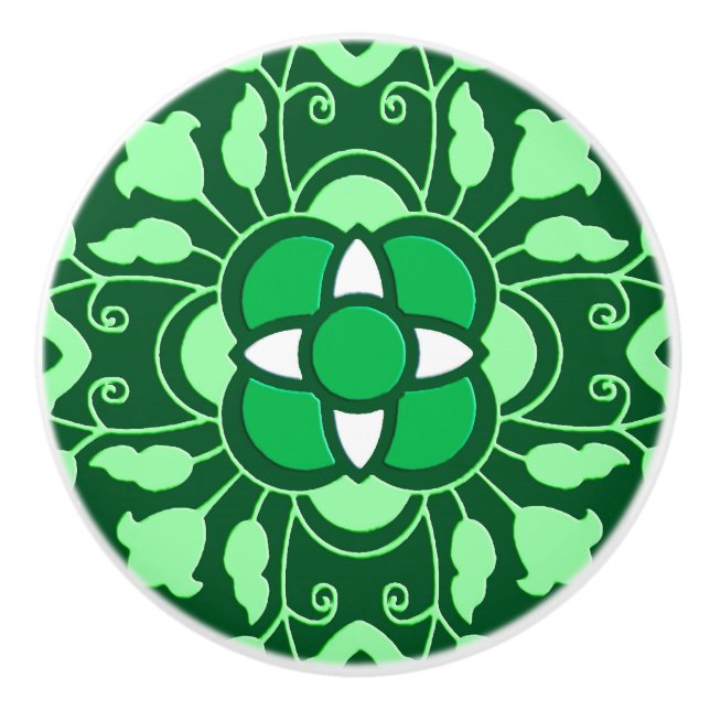 Floral Moroccan Tile, Light and Dark Jade Green Ceramic Knob (Front)