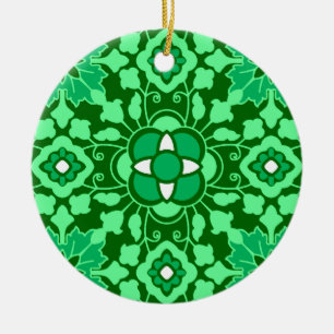 Floral Moroccan Tile, Light and Dark Jade Green Ceramic Tree Decoration