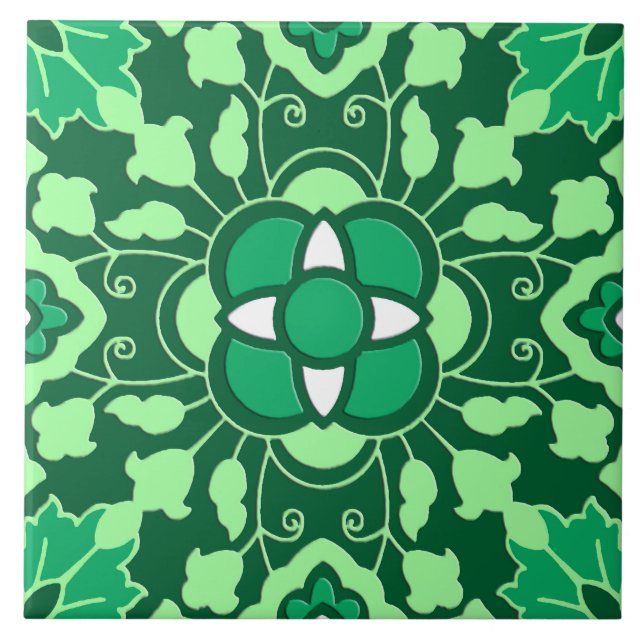 Floral Moroccan Tile, Light and Dark Jade Green Tile (Front)