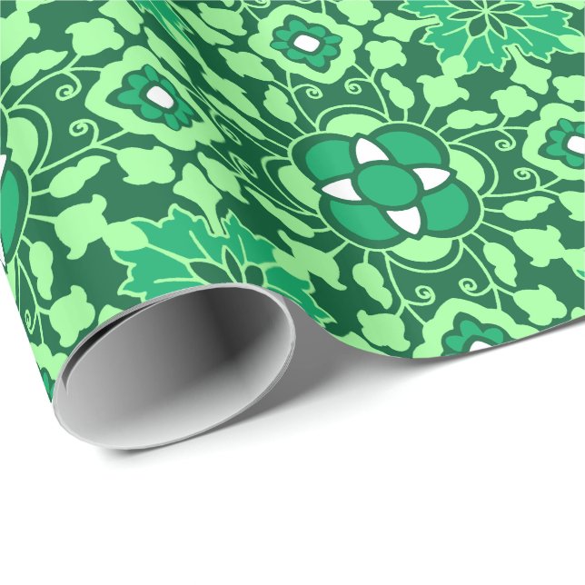 Floral Moroccan Tile, Light and Dark Jade Green Wrapping Paper (Roll Corner)