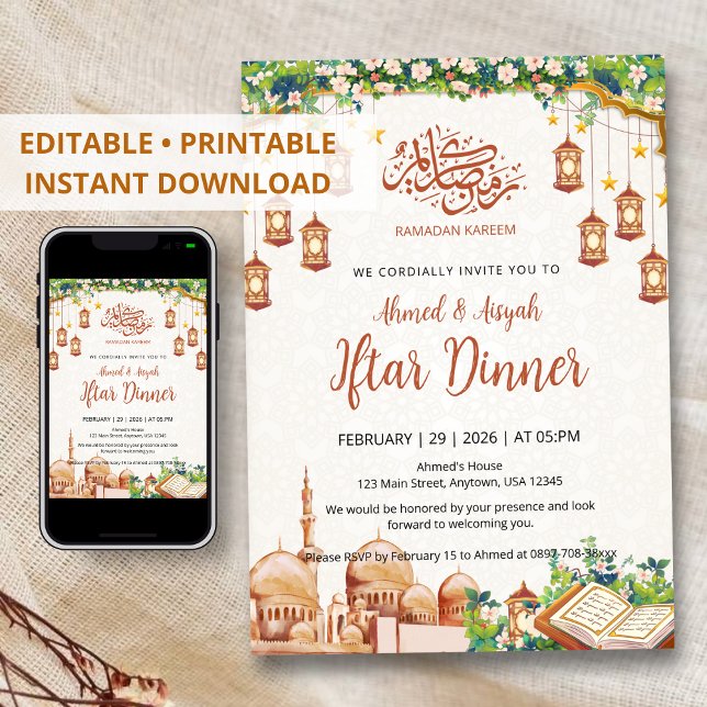 Floral Mosque & Lanterns Ramadan Iftar Dinner Invitation (Creator Uploaded)