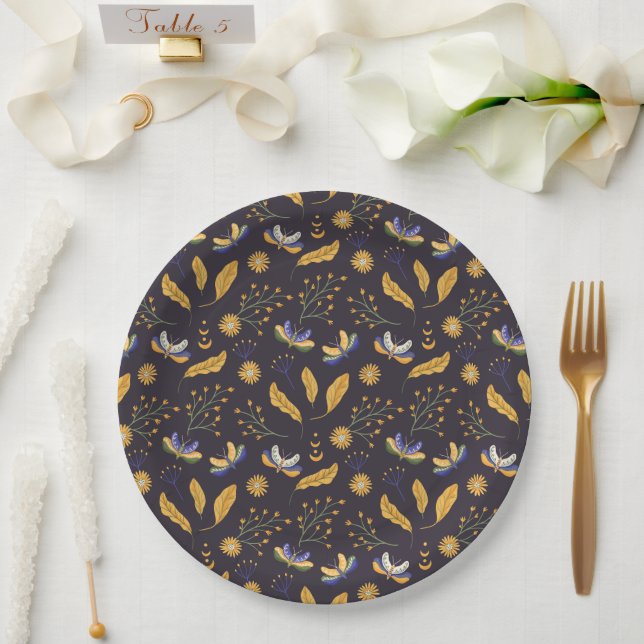 Floral Moth Butterfly Pattern Paper Plate (Wedding)