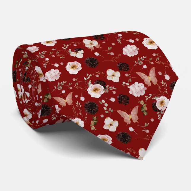 Floral Moth Butterfly Pattern Tie (Rolled)