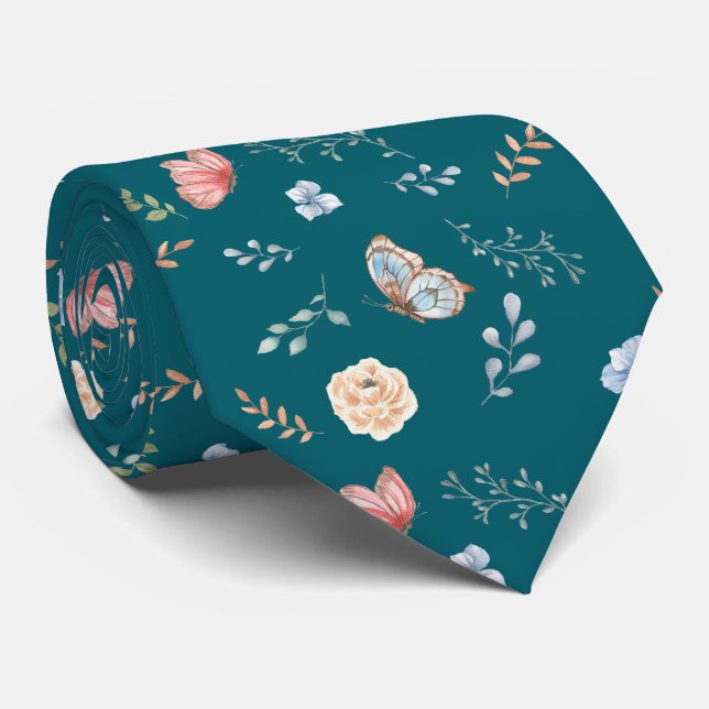 Floral Moth Butterfly Pattern Tie (Rolled)