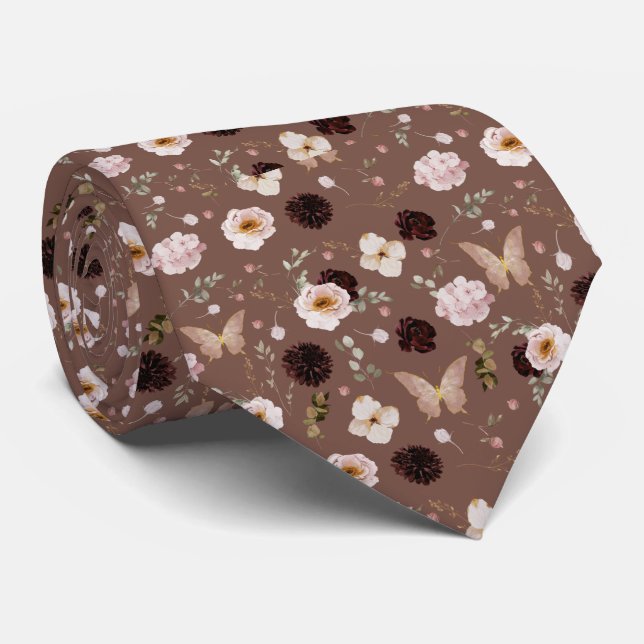 Floral Moth Butterfly Pattern Tie (Rolled)