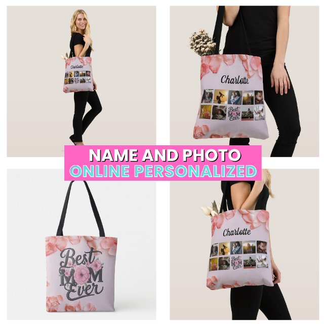 Floral Mother's Photo Collage Script Best Mum Ever Tote Bag (Floral Mother's Photo Collage Script Best Mom Ever Tote Bag)