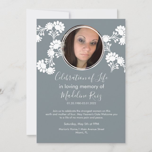 Floral Motif Celebration of Life Photo Invitation (Front)