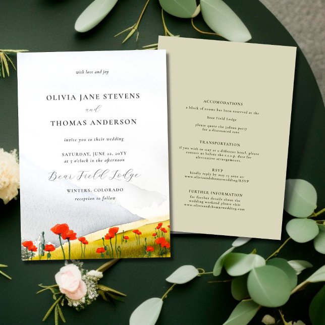 Floral Mountain Wildflower Poppies All One Wedding Invitation (Creator Uploaded)