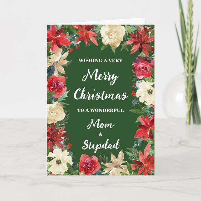 Floral Mum and Stepdad Merry Christmas Card (Front)