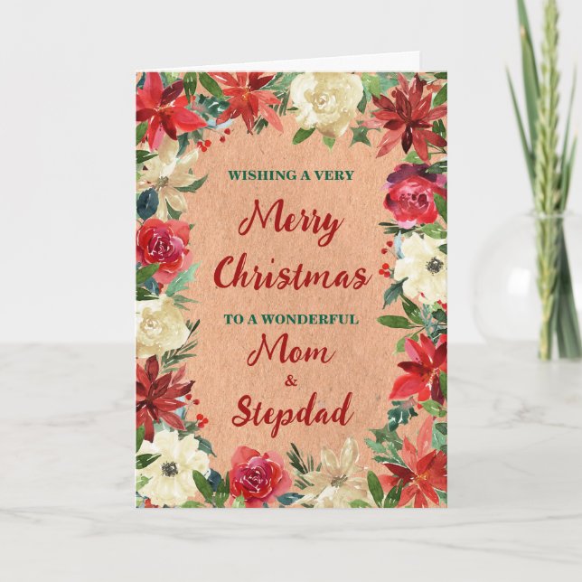 Floral Mum and Stepdad Merry Christmas Card (Front)