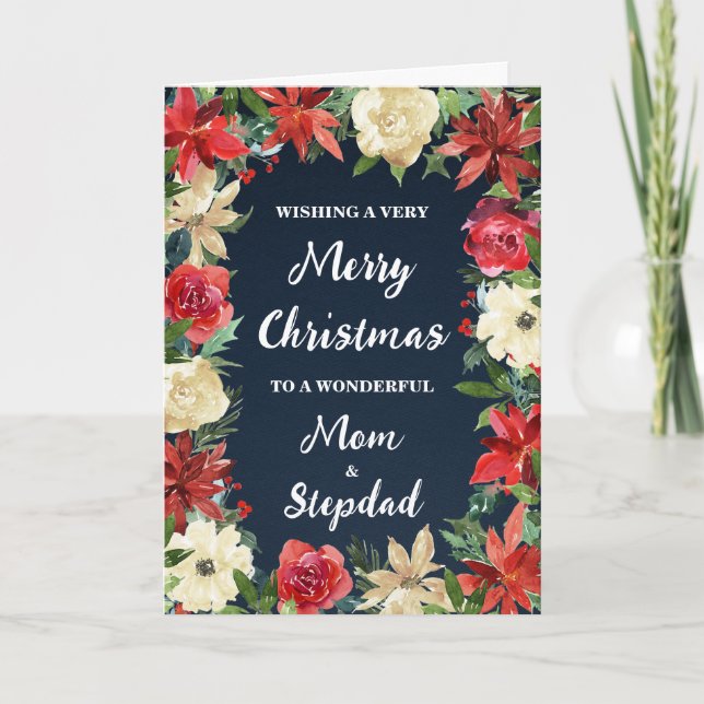 Floral Mum and Stepdad Merry Christmas Card (Front)