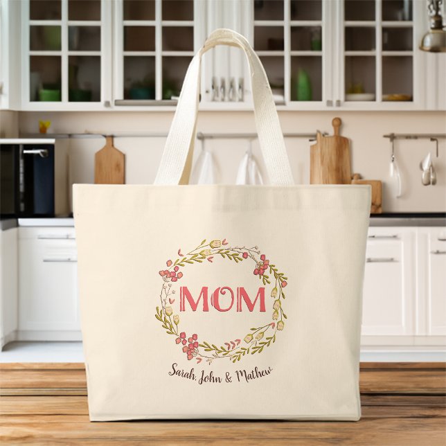 Floral Mum graphic with children names Tote Bag (Creator Uploaded)