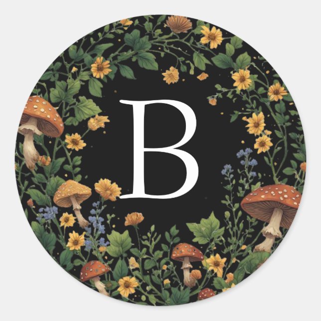 Floral Mushrooms Custom Initial on Black Classic Round Sticker (Front)