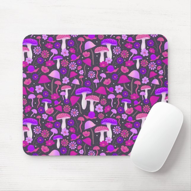 Floral Mushrooms Trippy Pink, Purple & Black Mouse Pad (With Mouse)