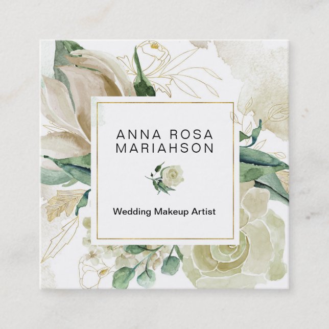*~* Floral Muted Watercolor Gold Outline Square Business Card (Front)