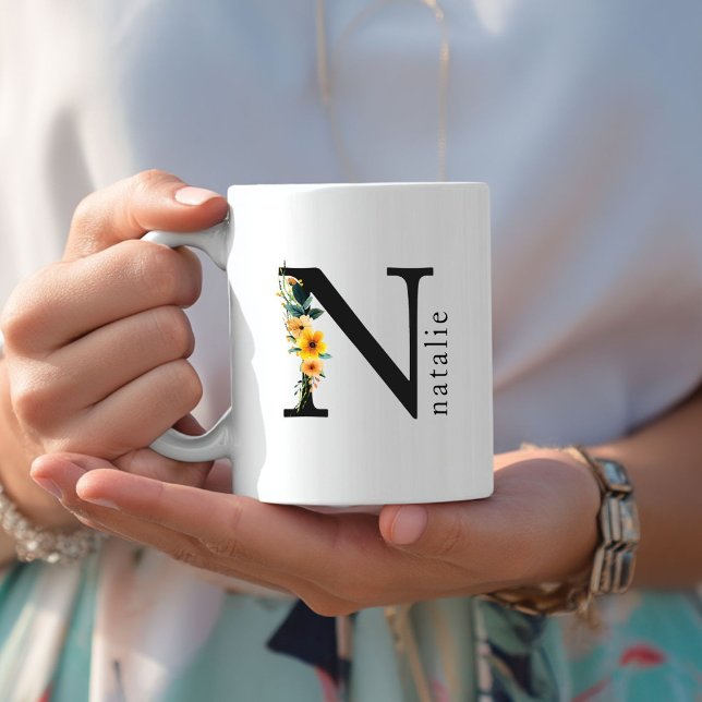 Floral N Monogram Mug with Editable Name (Floral N Monogram Mug with Editable Name. Yellow, Orange & Greenery Watercolor Flowers.)