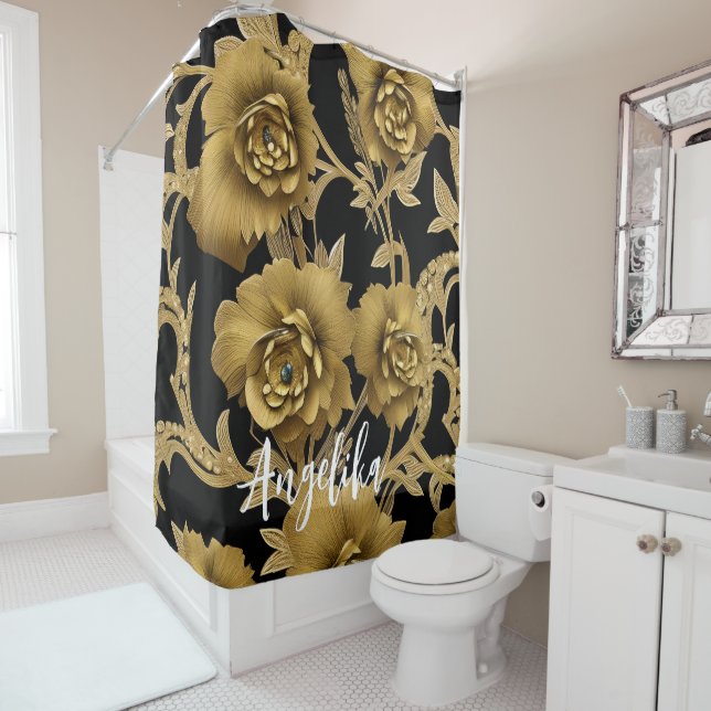 Floral Name Black and Gold Shower Curtain (In Situ)