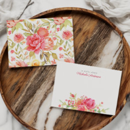 Floral Name & Pink Watercolor Flowers & Greenery Card