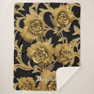 Floral Name Throw Blanket - Black and Gold