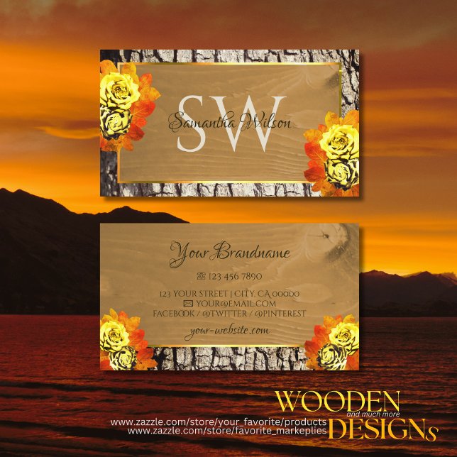 Floral Nature Wood Grain Rustic Tree Bark Monogram Business Card (Creator Uploaded)