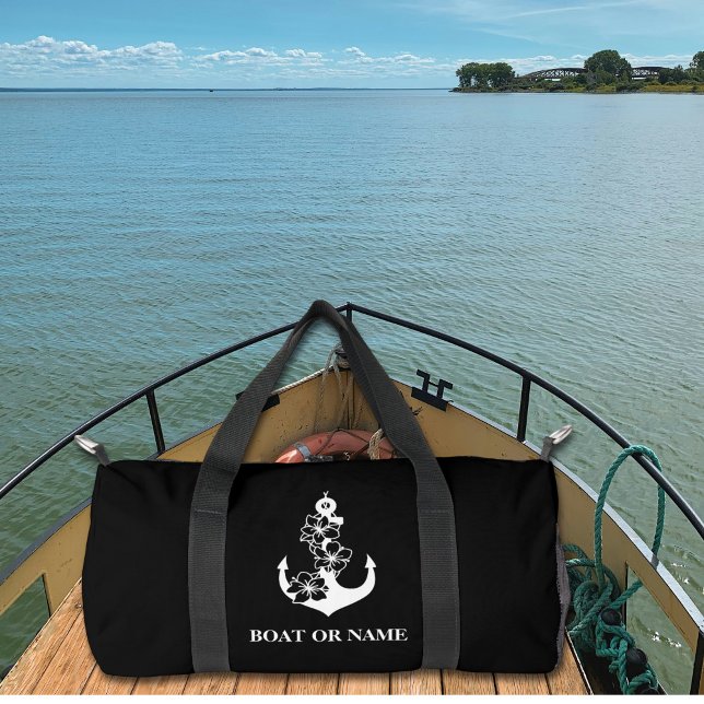 Floral Nautical Anchor Custom Boat Name Black Duffle Bag (Creator Uploaded)